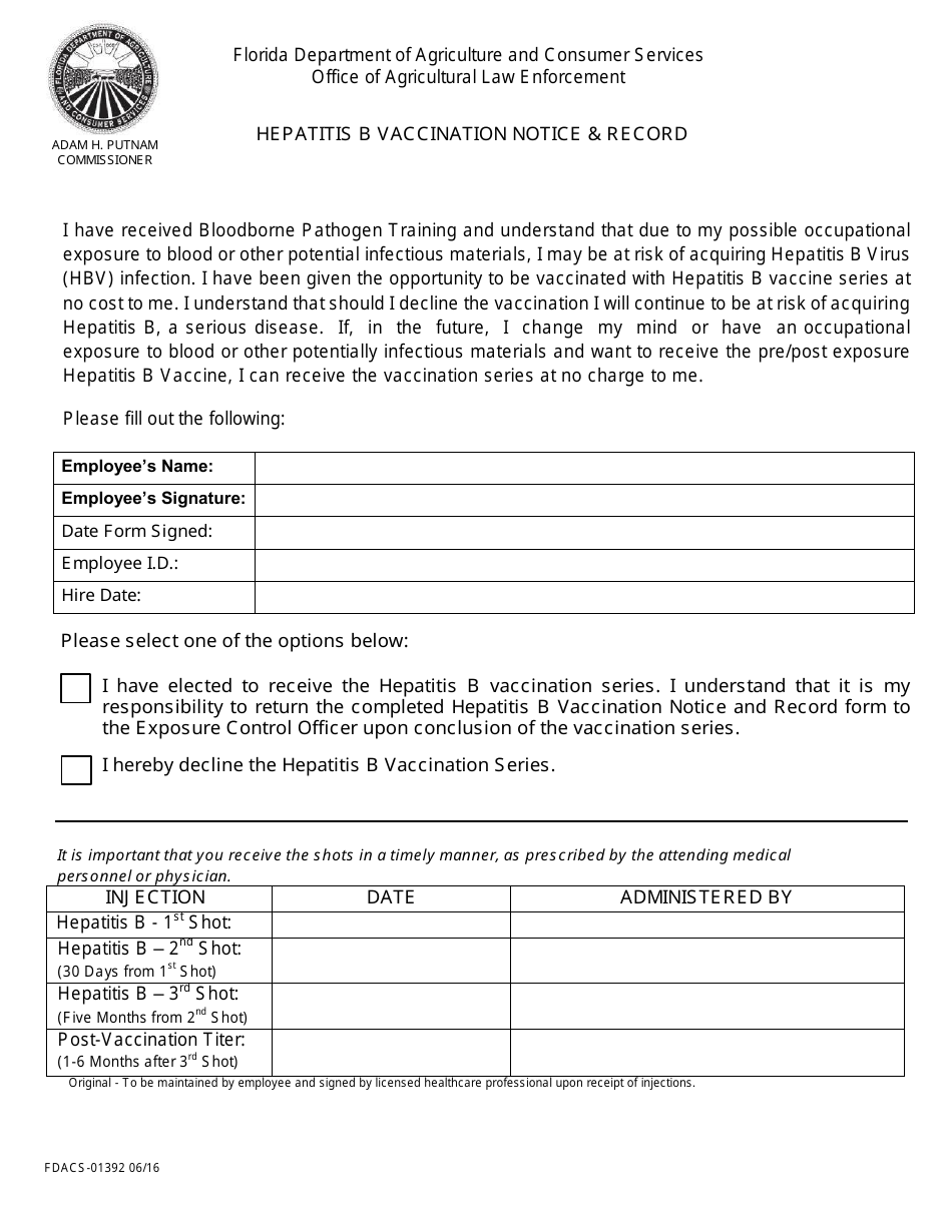 Form FDACS-01392 Hepatitis B Vaccination Notice  Record - Florida, Page 1