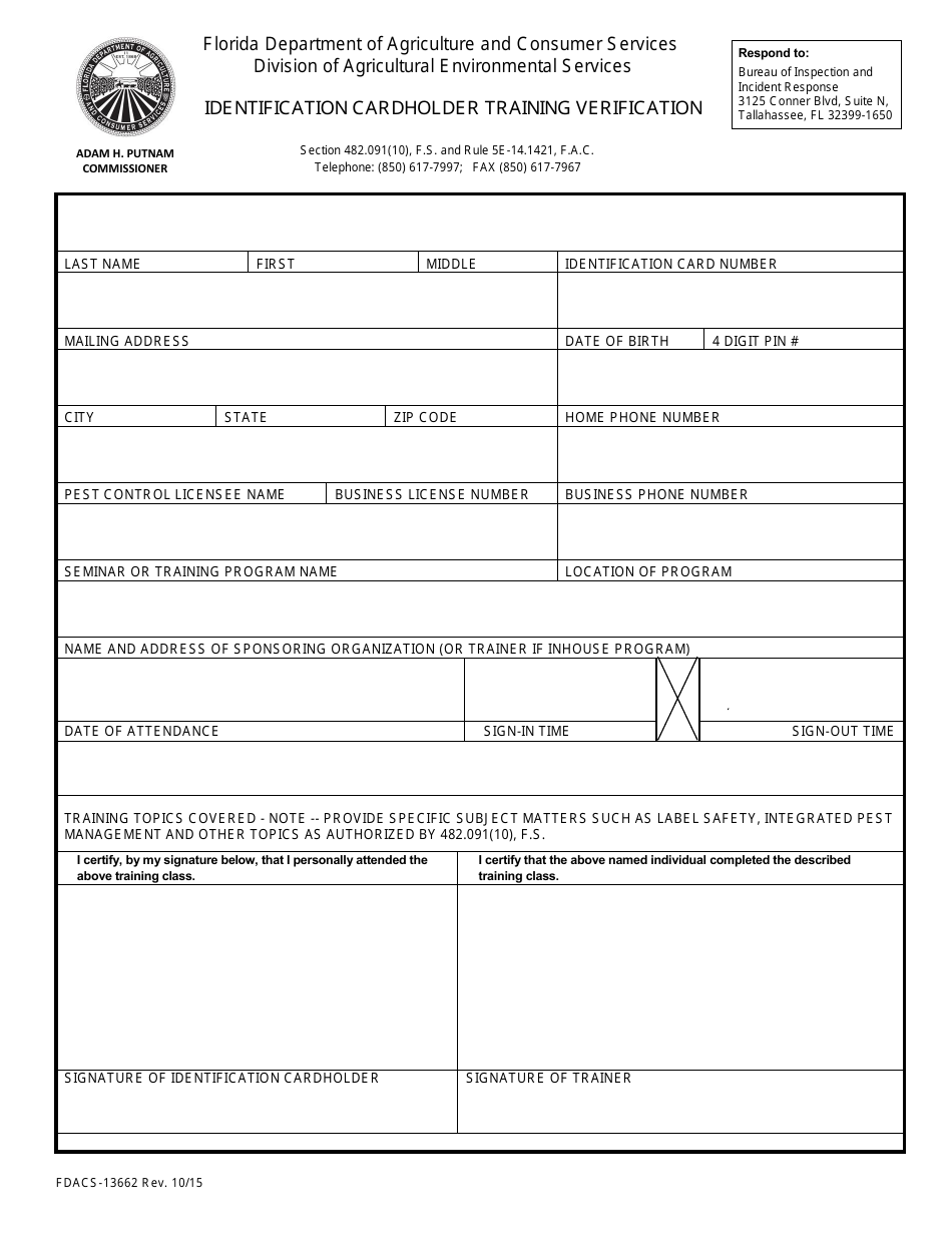 Form FDACS-13662 Identification Cardholder Training Verification - Florida, Page 1