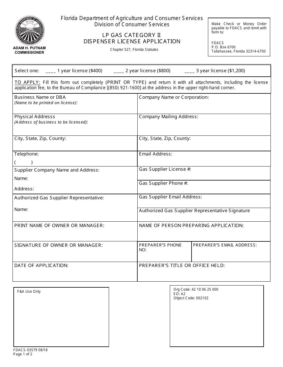 Form FDACS03579 Download Fillable PDF or Fill Online Lp Gas Category
