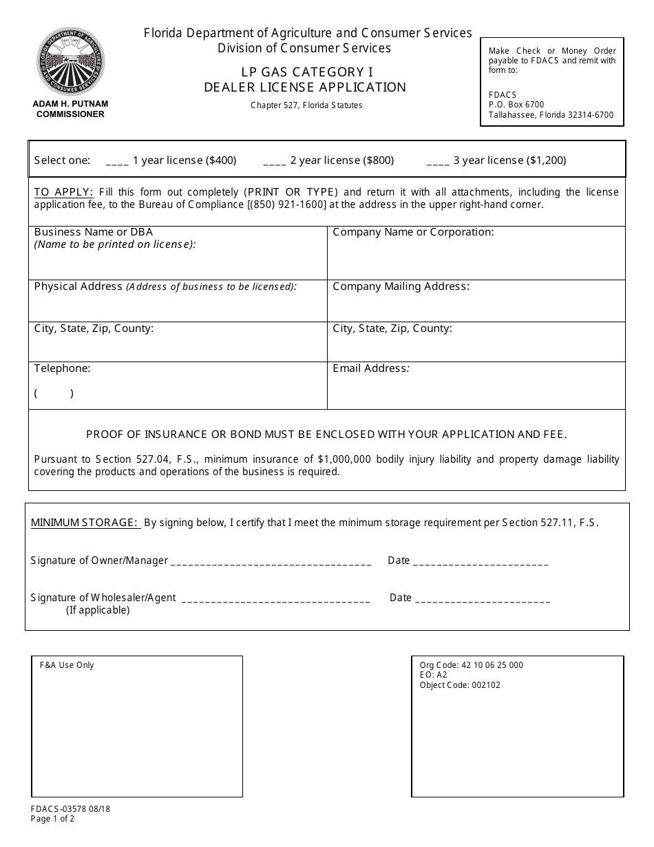 Form FDACS-03578 Lp Gas Category I Dealer License Application - Florida, Page 1
