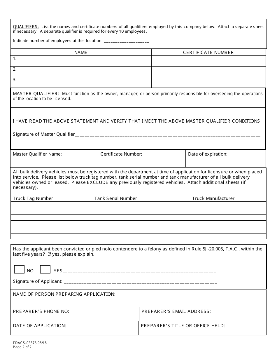 Form FDACS-03578 Lp Gas Category I Dealer License Application - Florida, Page 2