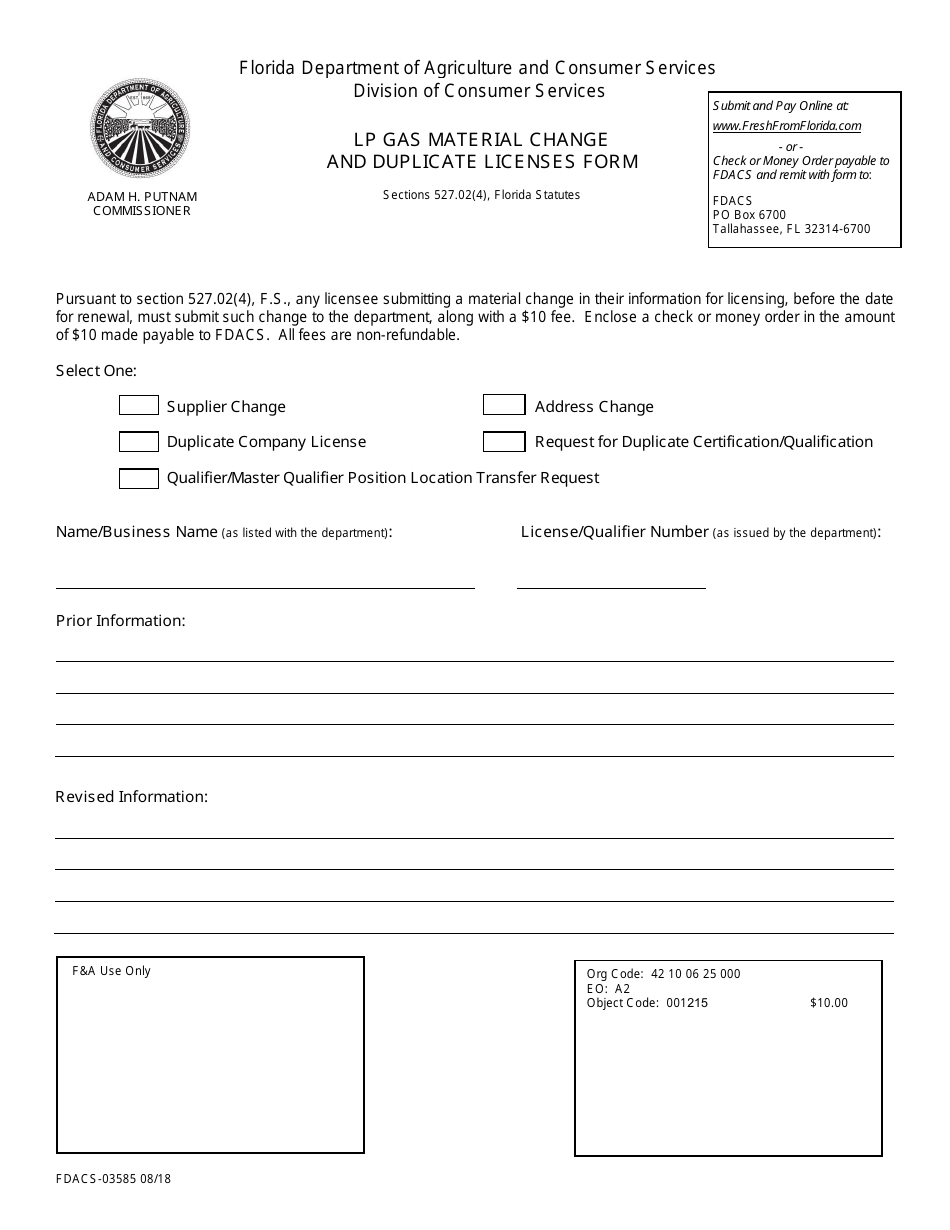 Form FDACS-03585 Lp Gas Material Change and Duplicate Licenses Form - Florida, Page 1