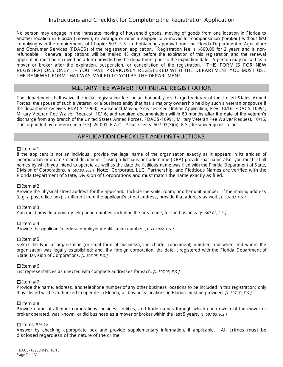 Form FDACS-10960 Household Moving Services Registration Application - Florida, Page 3