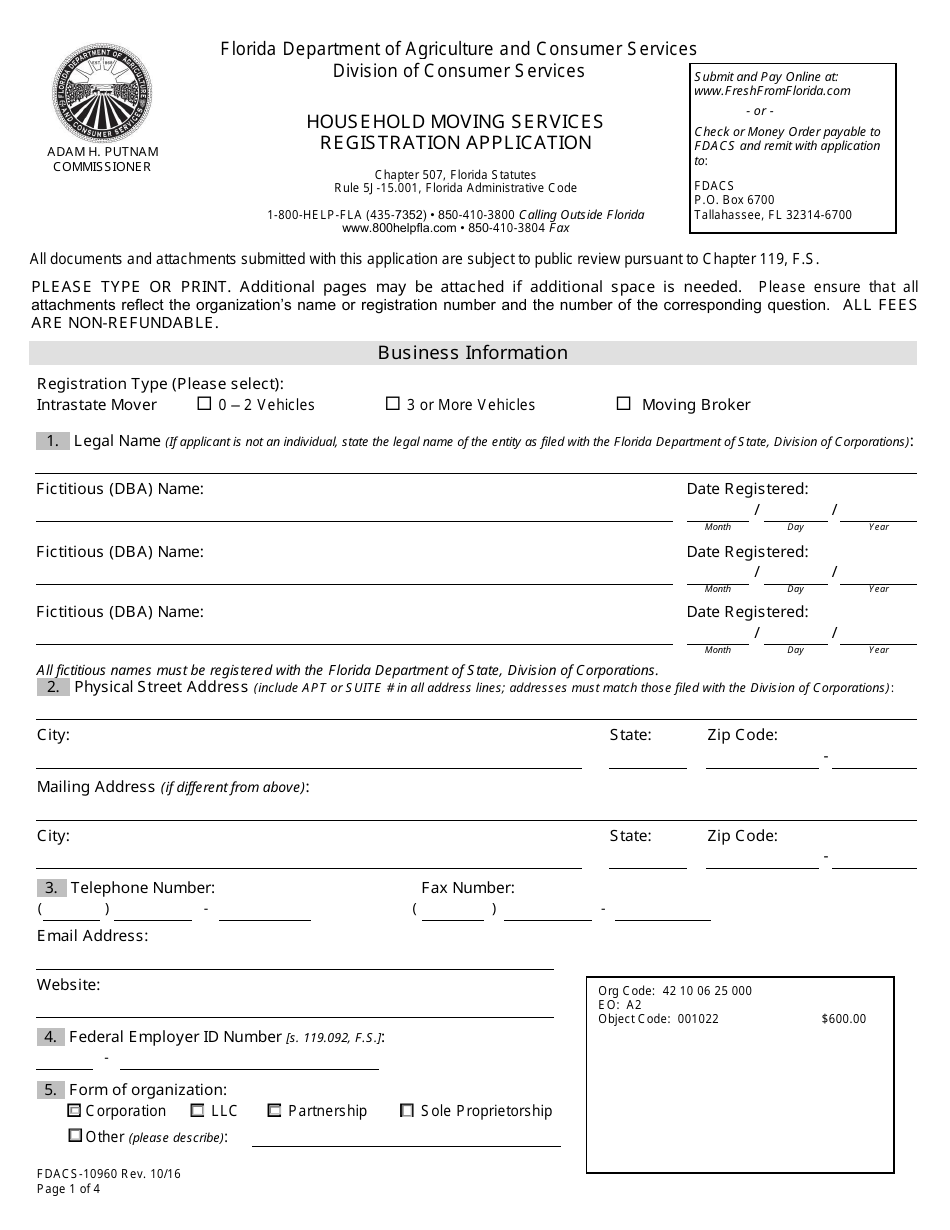Form FDACS-10960 Household Moving Services Registration Application - Florida, Page 6