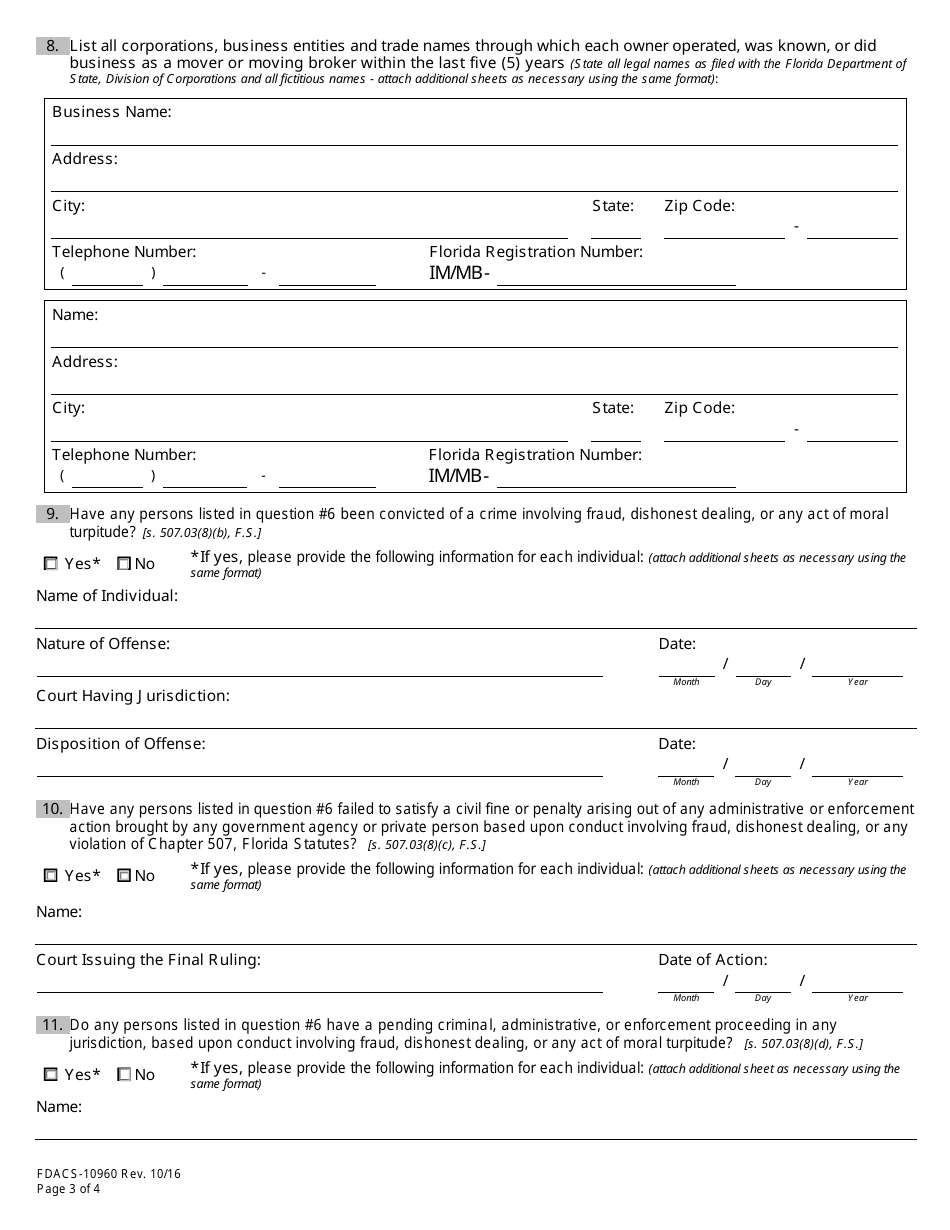 Form FDACS-10960 Household Moving Services Registration Application - Florida, Page 8