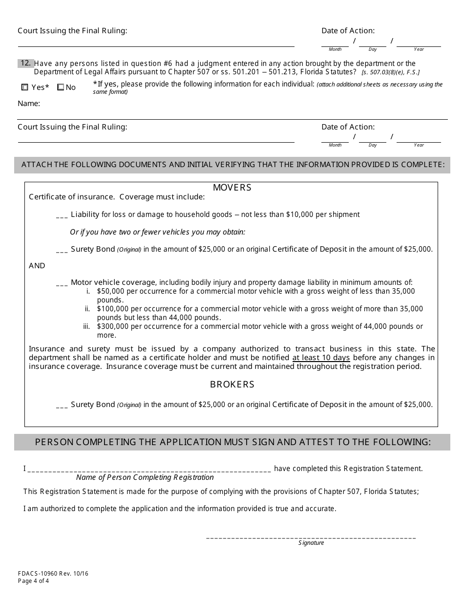 Form FDACS-10960 Household Moving Services Registration Application - Florida, Page 9