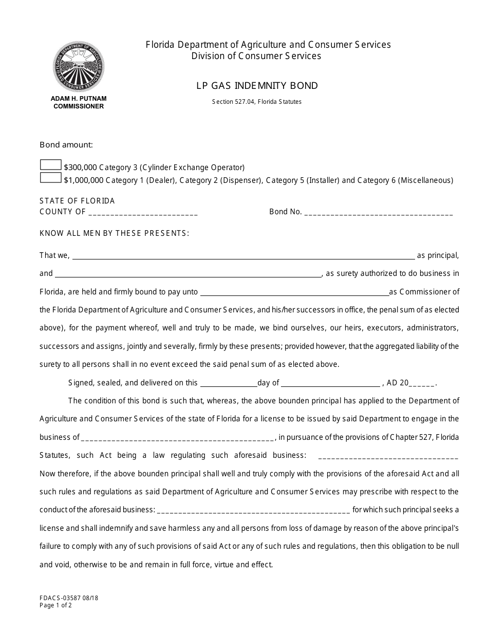 Form FDACS-03587 Lp Gas Indemnity Bond - Florida, Page 1