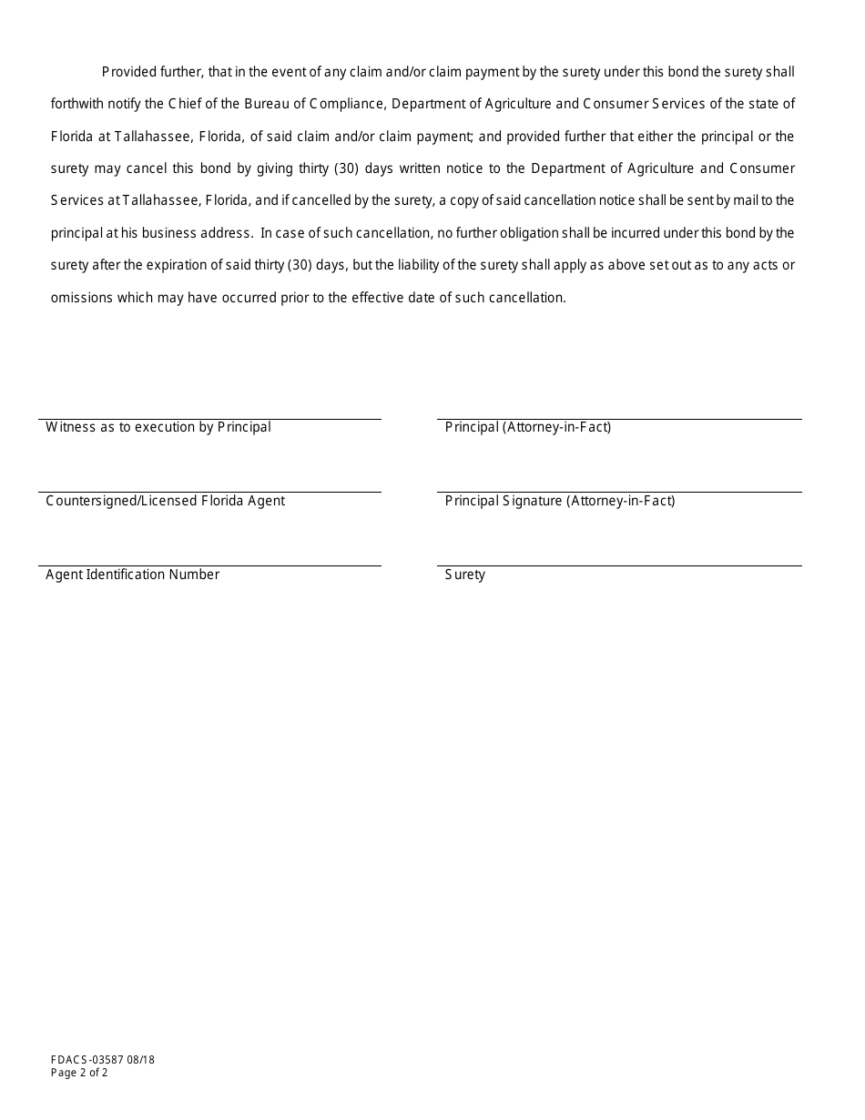 Form FDACS-03587 Lp Gas Indemnity Bond - Florida, Page 2