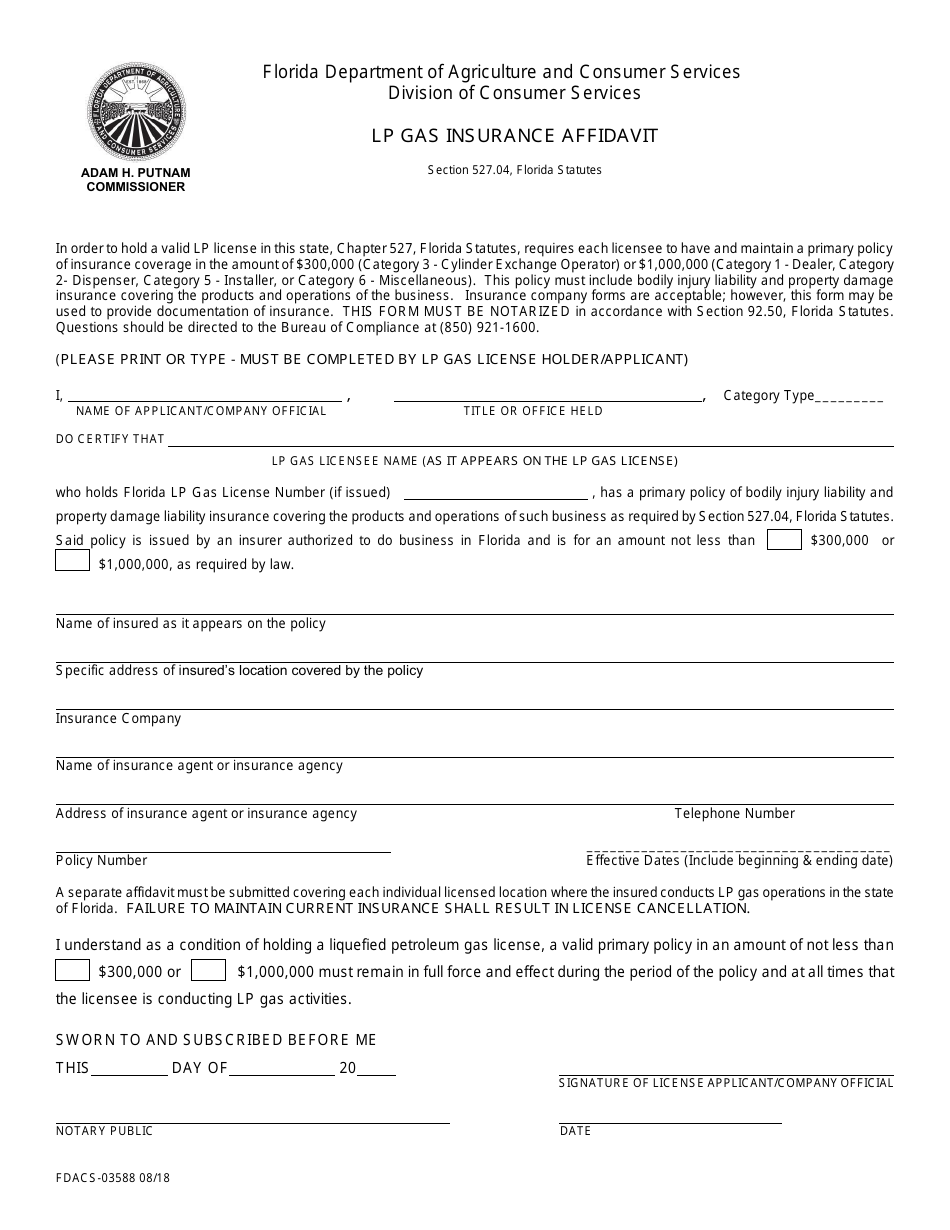 Form FDACS-03588 Lp Gas Insurance Affidavit - Florida, Page 1