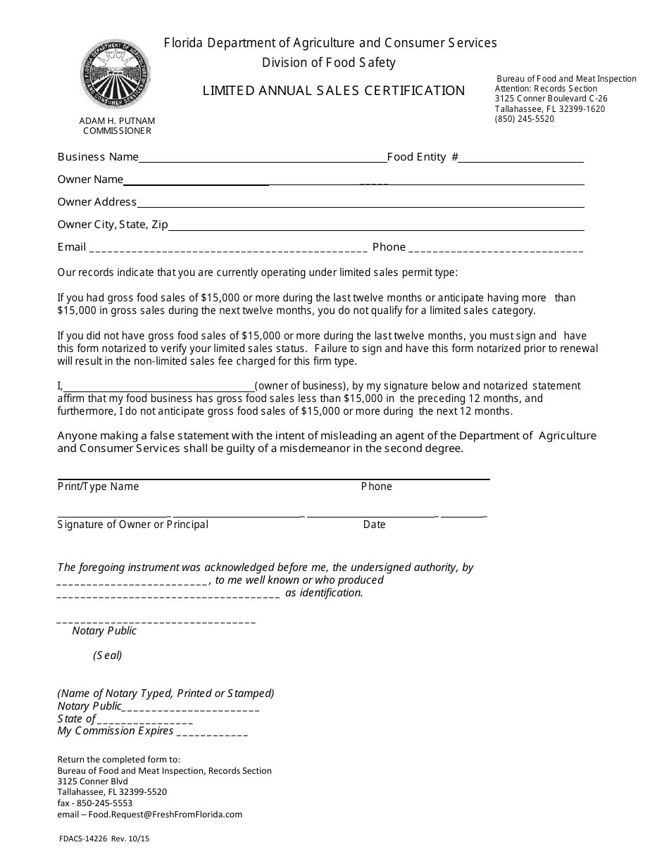 Form FDACS-14226 Limited Annual Sales Certification - Florida, Page 1