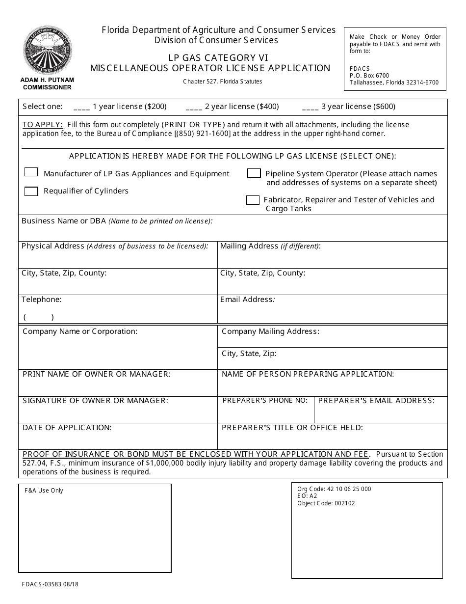 Form FDACS-03583 Lp Gas Category VI Miscellaneous Operator License Application - Florida, Page 1
