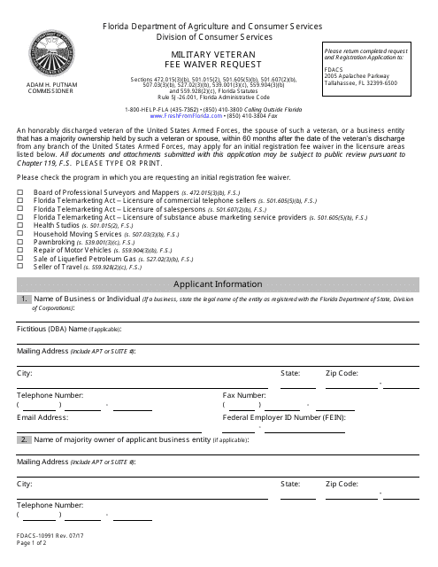 Form FDACS-10991  Printable Pdf