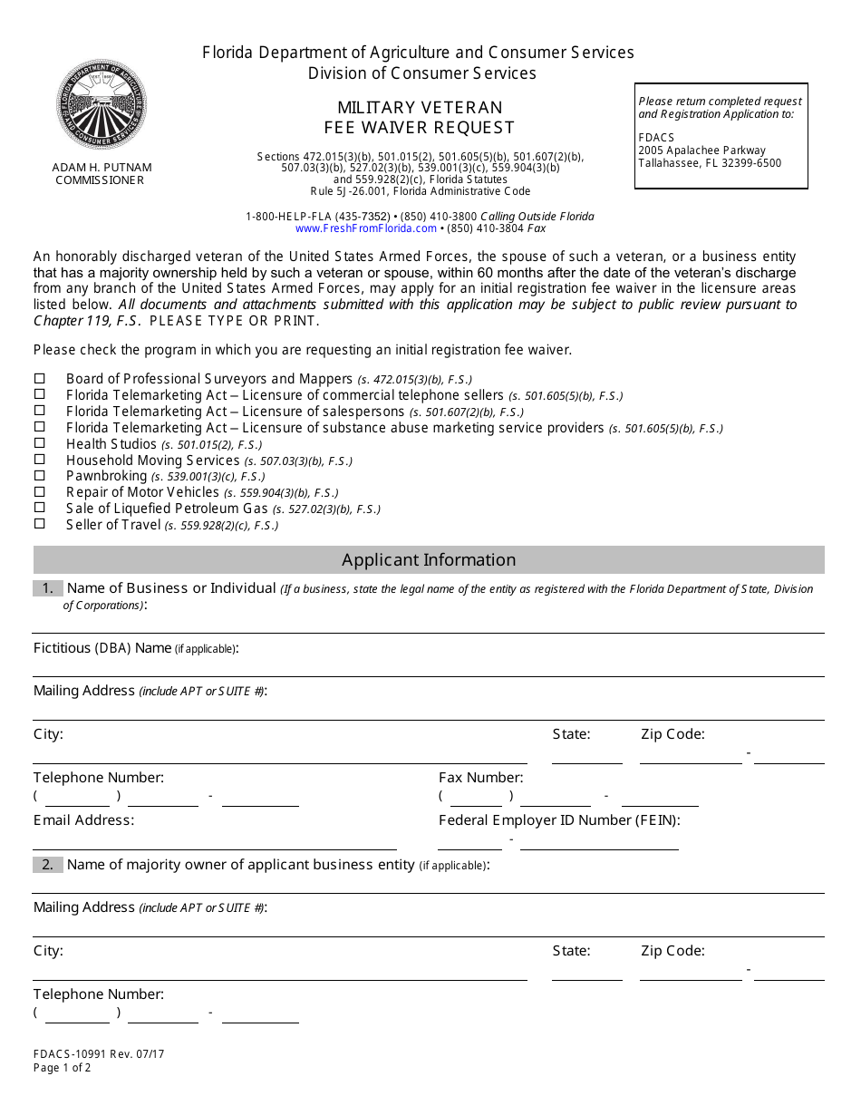 Form FDACS-10991 Military Veteran Fee Waiver Request - Florida, Page 1