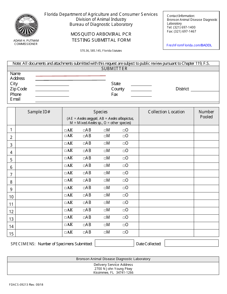 Form FDACS-09213 Mosquito Arboviral Pcr Testing Submittal Form - Florida, Page 1