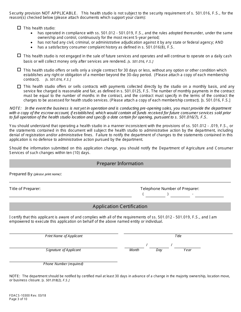 Form FDACS-10300 Health Studio Registration Application - Florida, Page 9