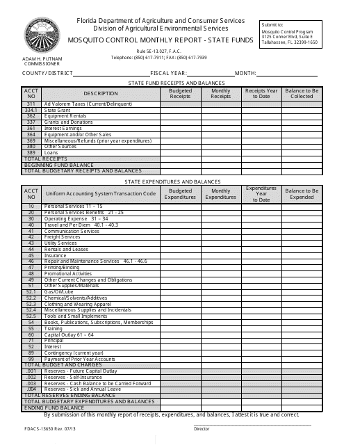 Form FDACS-13650 Mosquito Control Monthly Report - State Funds - Florida