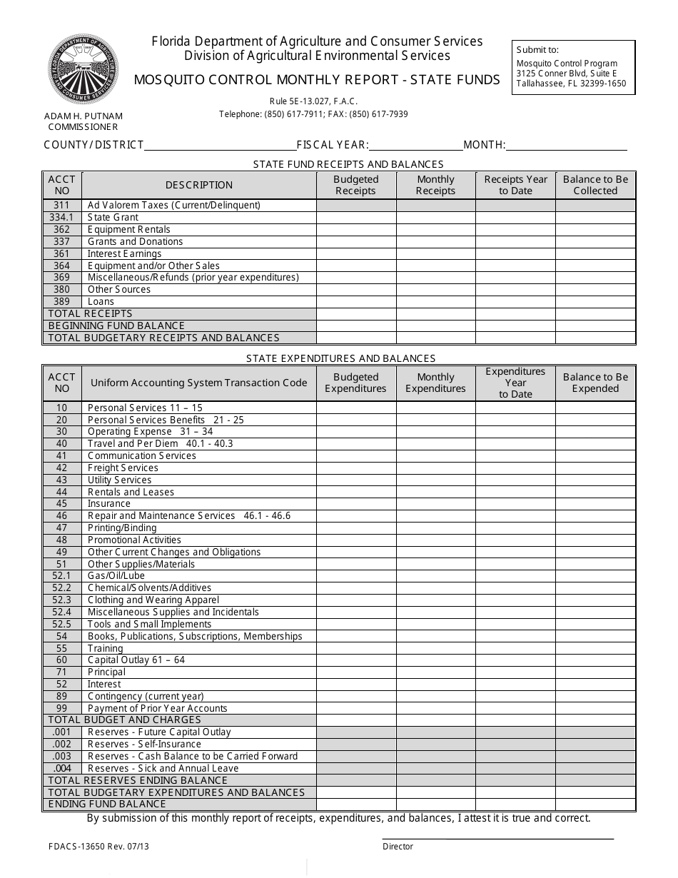 Form FDACS-13650 Mosquito Control Monthly Report - State Funds - Florida, Page 1