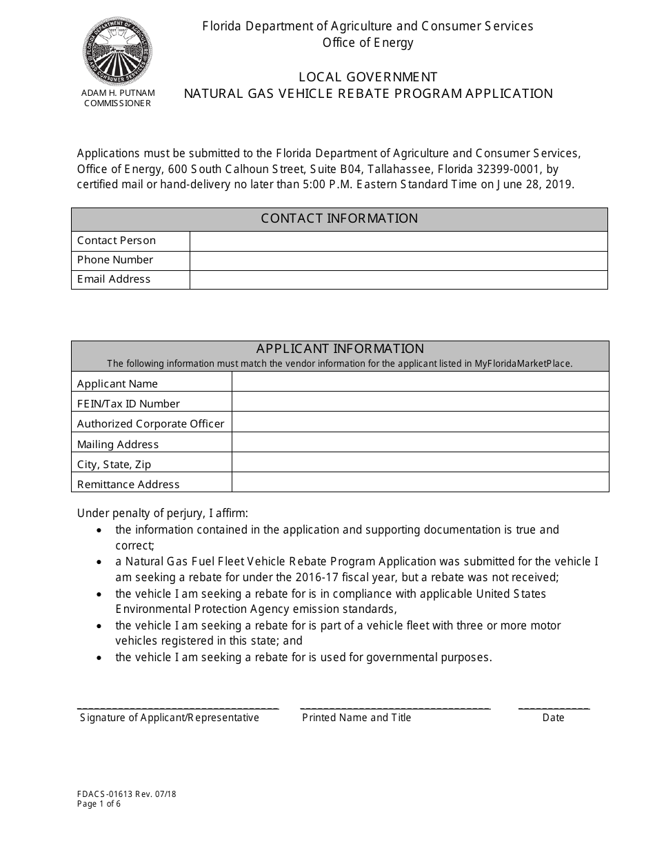 Form FDACS-01613 Local Government Natural Gas Vehicle Rebate Program Application - Florida, Page 1