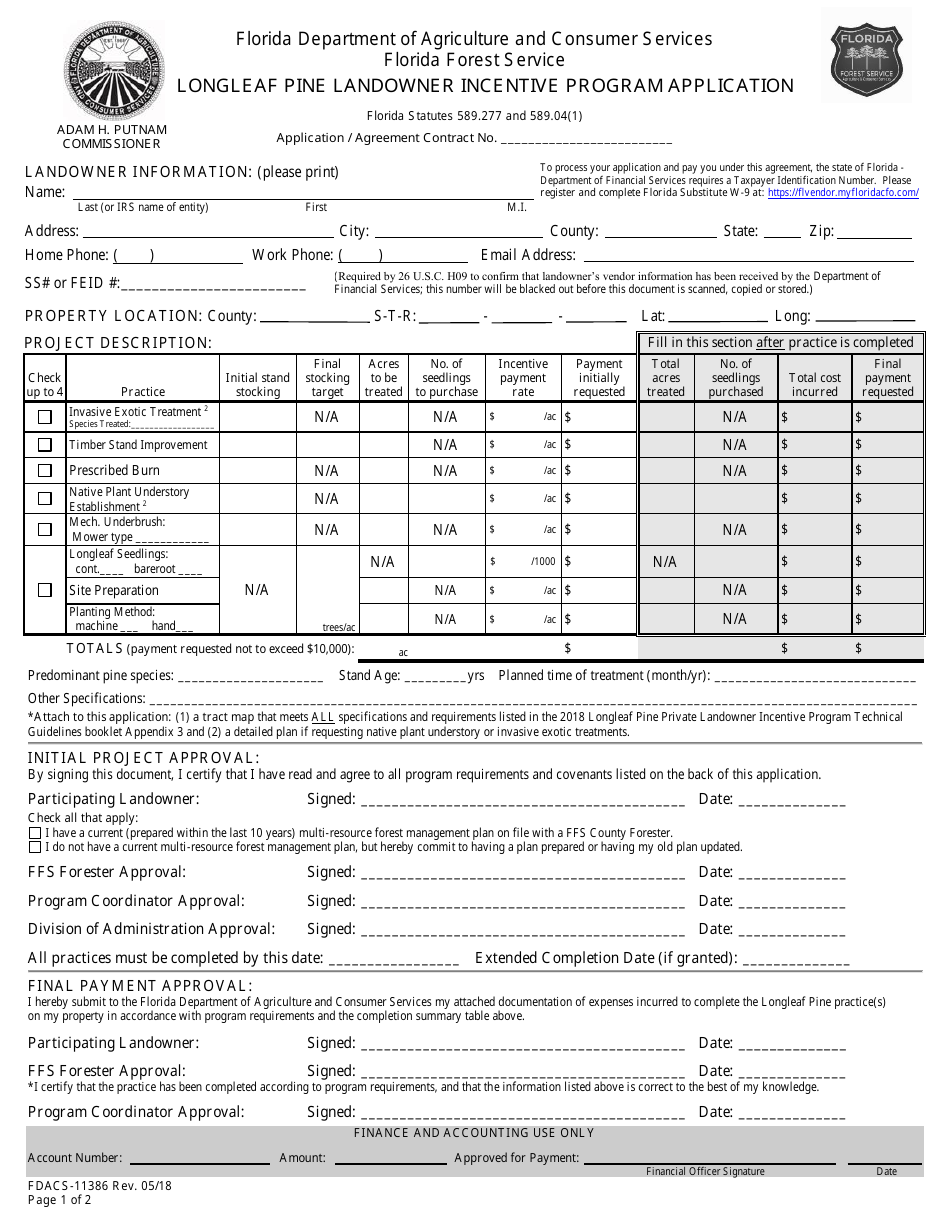 Form FDACS-11386 Longleaf Pine Landowner Incentive Program Application - Florida, Page 1