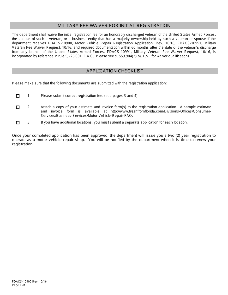 Form FDACS-10900 Motor Vehicle Repair Registration Application - Florida, Page 3
