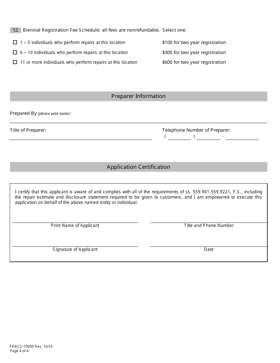 Form FDACS-10900 Motor Vehicle Repair Registration Application - Florida, Page 7