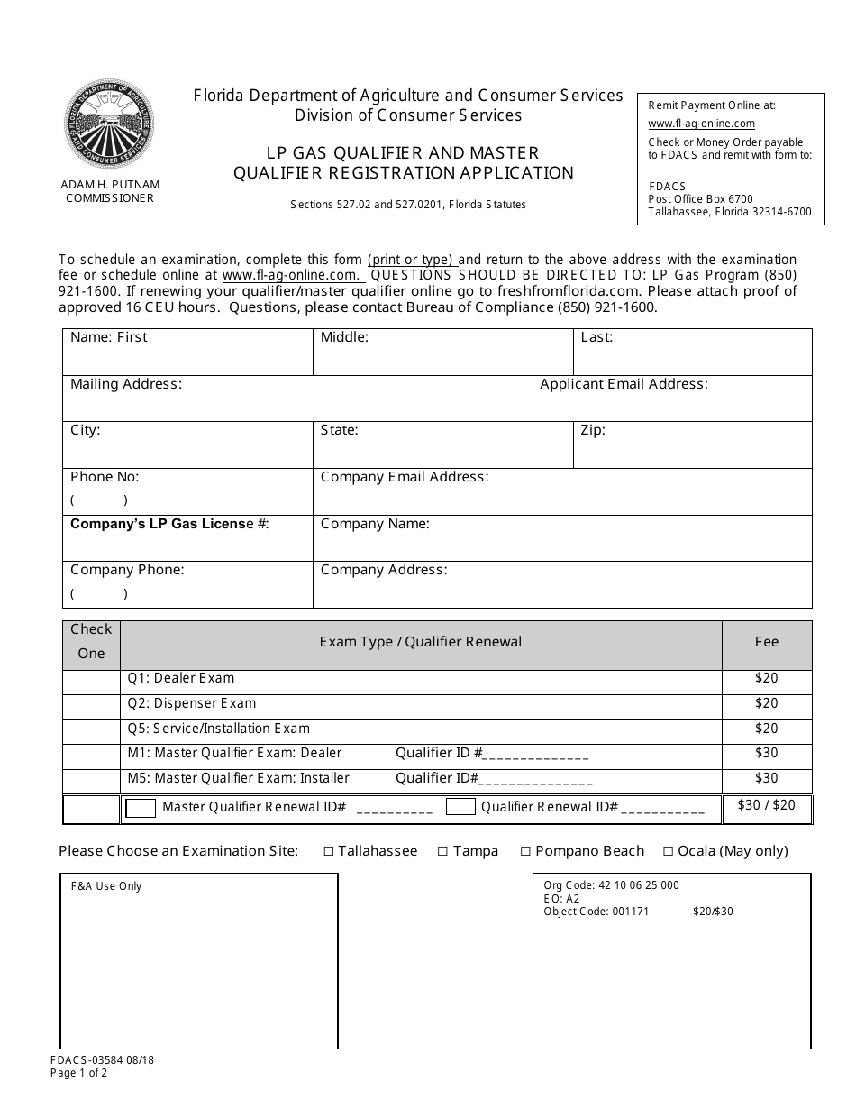 Form FDACS-03584 Lp Gas Qualifier and Master Qualifier Registration Application - Florida, Page 1
