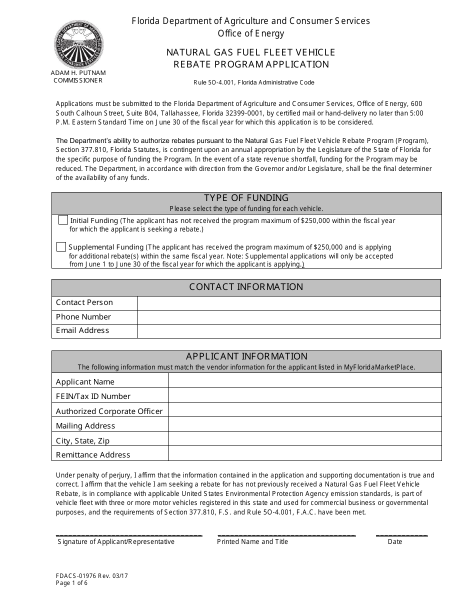 Form FDACS-01976 Natural Gas Fuel Fleet Vehicle Rebate Program Application - Florida, Page 1
