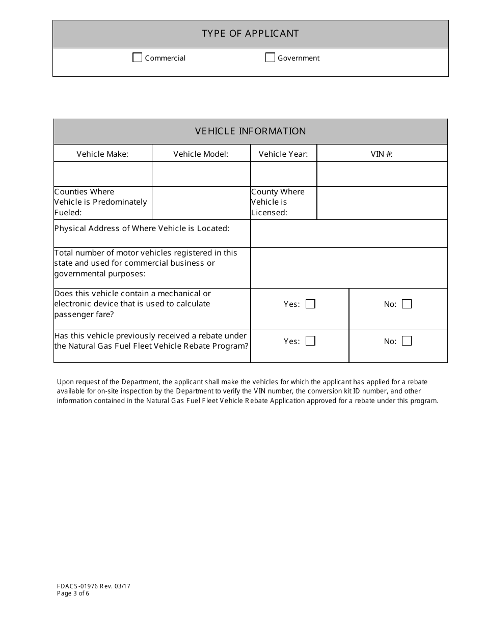 Form FDACS-01976 Natural Gas Fuel Fleet Vehicle Rebate Program Application - Florida, Page 3