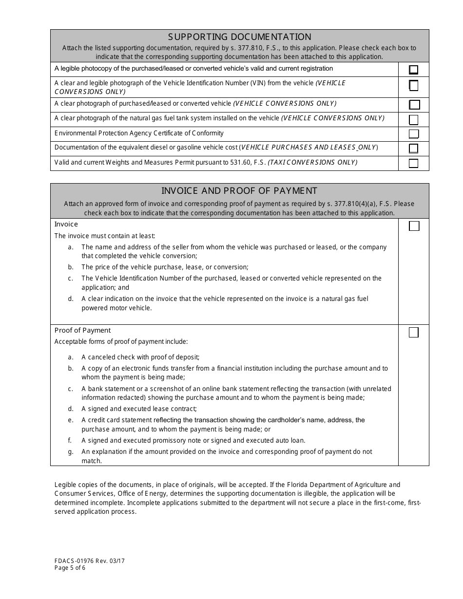 Form FDACS-01976 Natural Gas Fuel Fleet Vehicle Rebate Program Application - Florida, Page 5