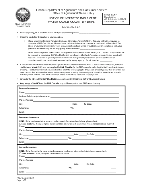 Form FDACS-04002  Printable Pdf
