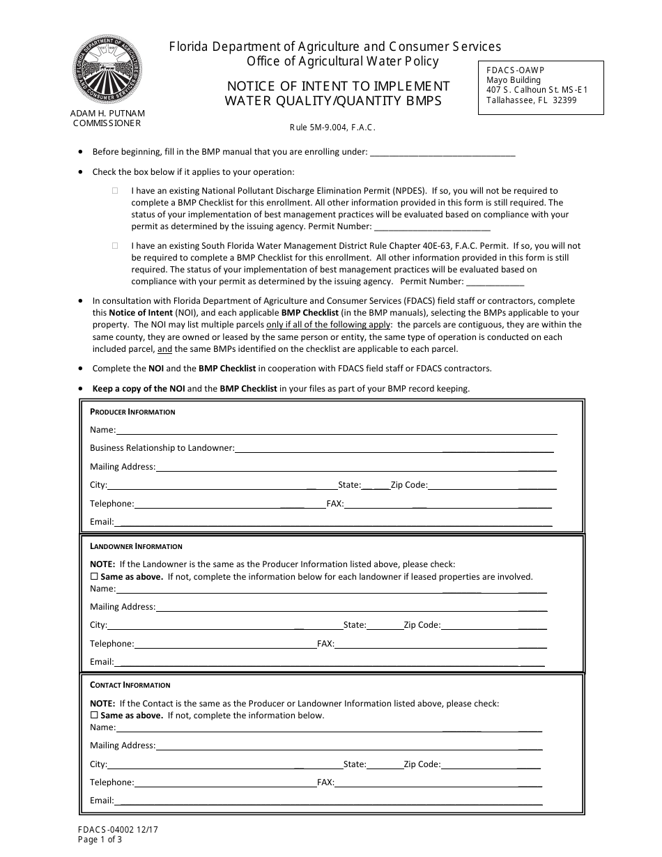 Form FDACS-04002 Notice of Intent to Implement Water Quality / Quantity Bmps - Florida, Page 1