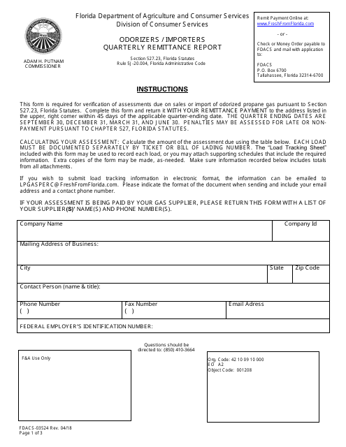 Form FDACS-03524  Printable Pdf