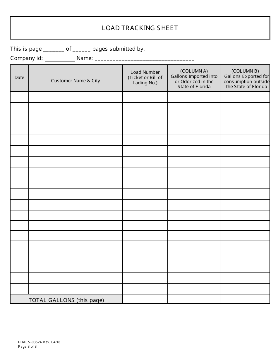 Form FDACS-03524 Odorizers / Importers Quarterly Remittance Report - Florida, Page 3