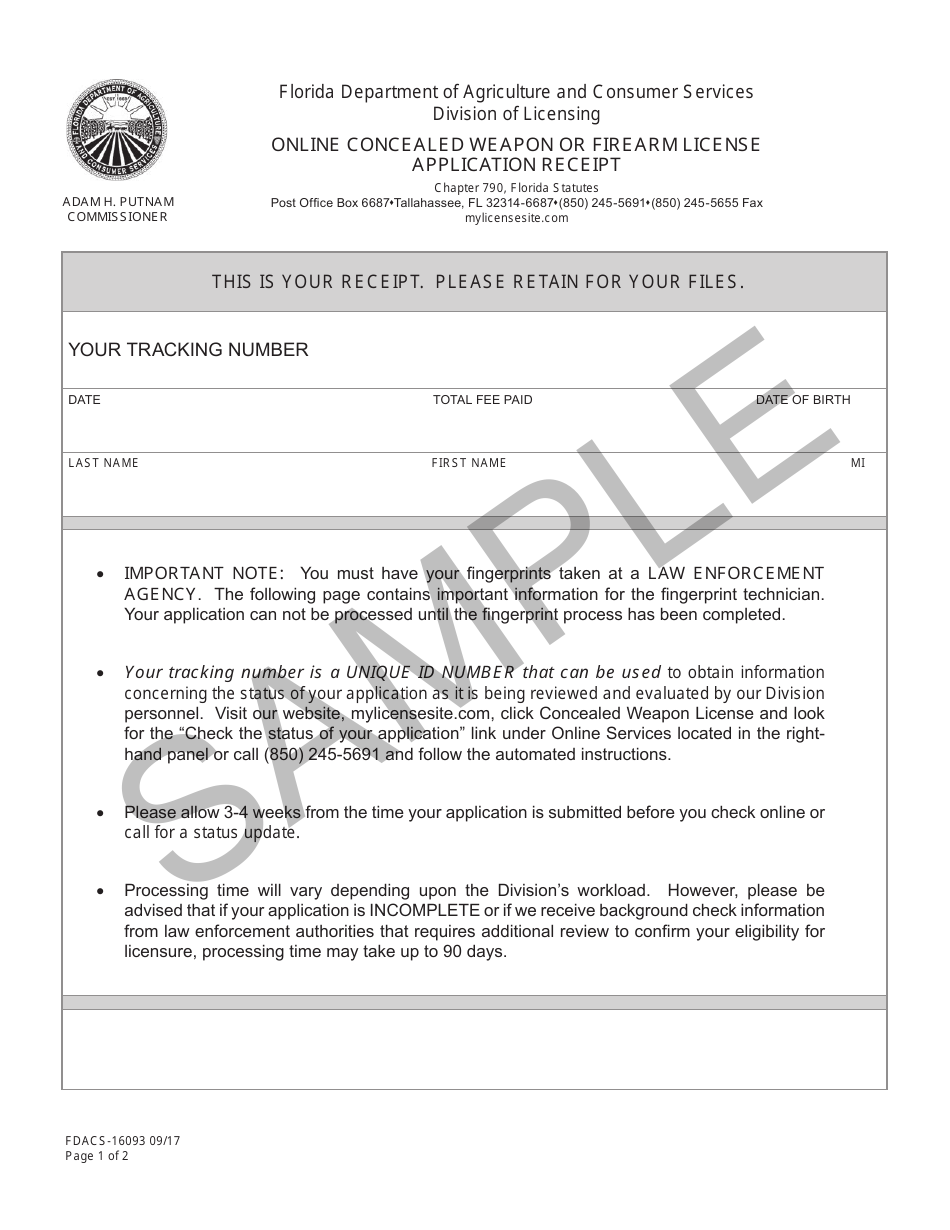 Form FDACS-16093 Online Concealed Weapon or Firearm License Application Receipt - Sample - Florida, Page 1