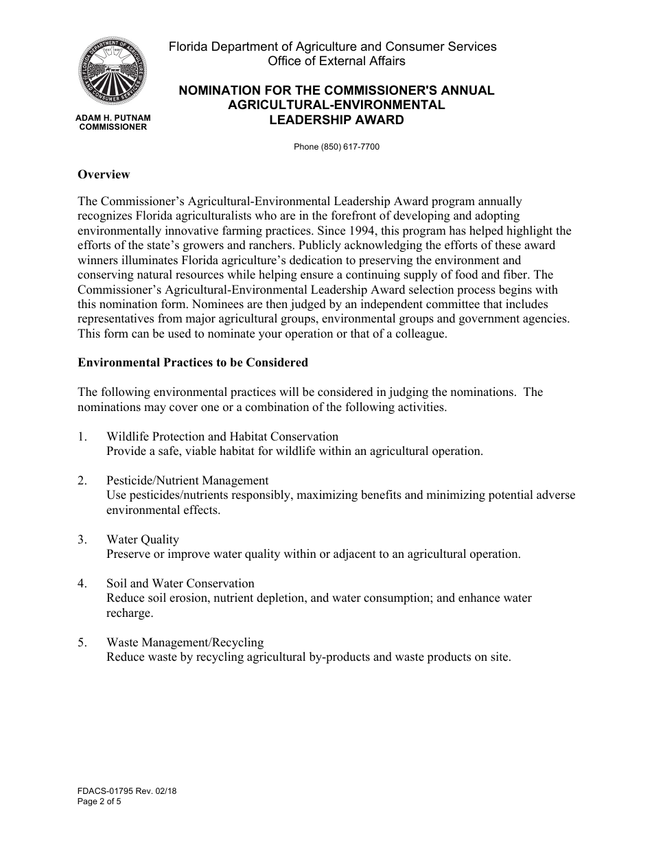 Form FDACS-01795 Nomination for the Commissioners Annual Agricultural-Environmental Leadership Award - Florida, Page 2