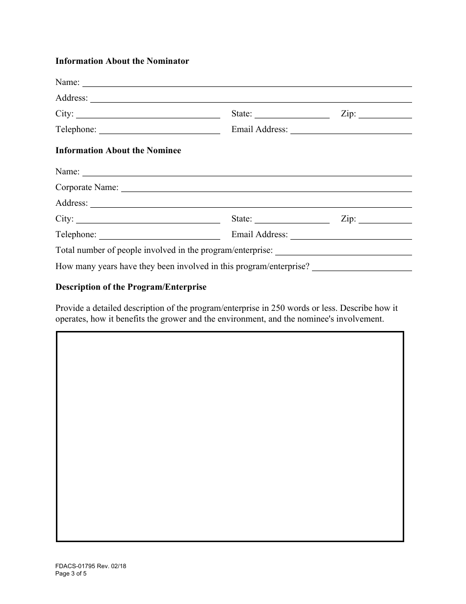 Form FDACS-01795 Nomination for the Commissioners Annual Agricultural-Environmental Leadership Award - Florida, Page 3