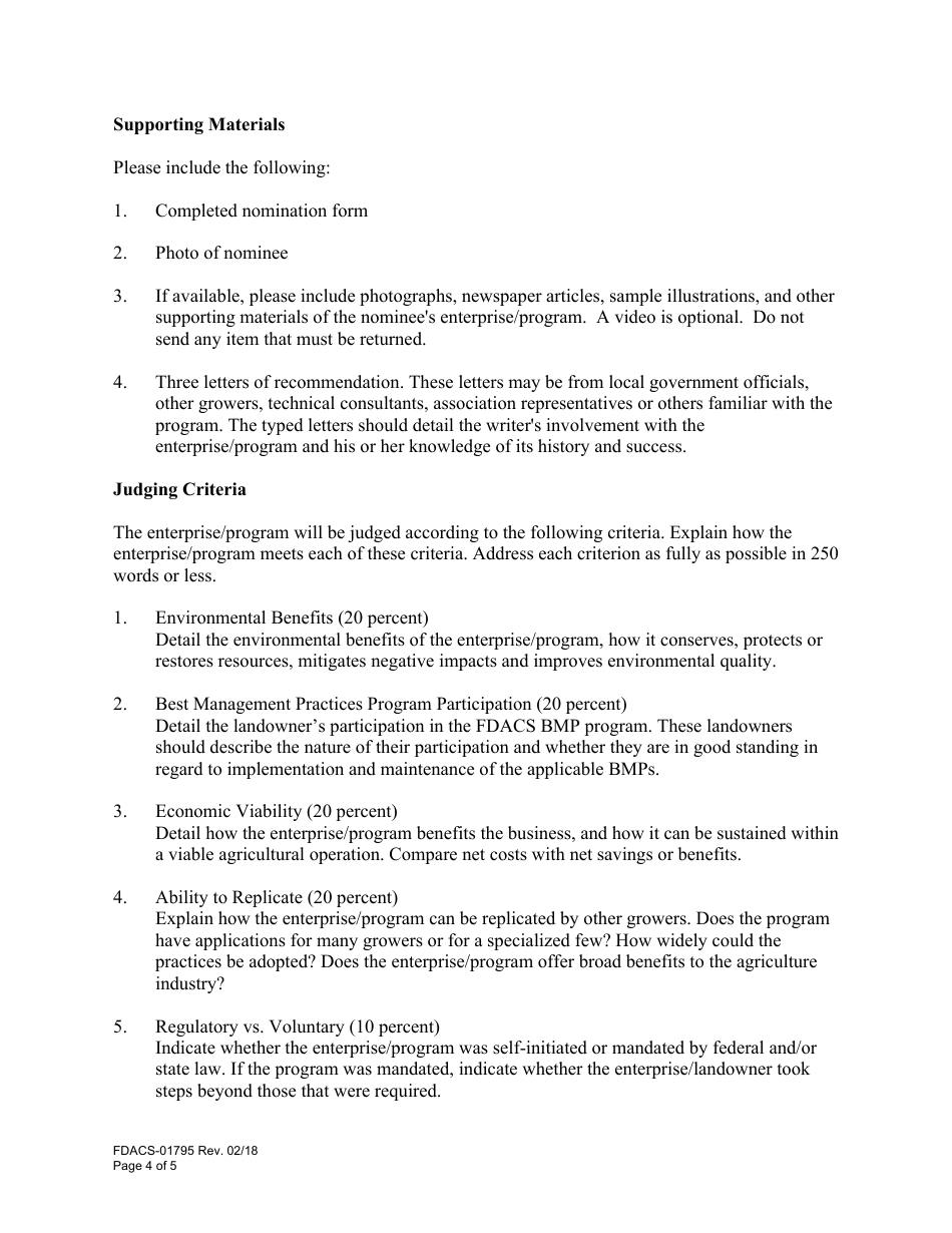 Form FDACS-01795 Nomination for the Commissioners Annual Agricultural-Environmental Leadership Award - Florida, Page 4