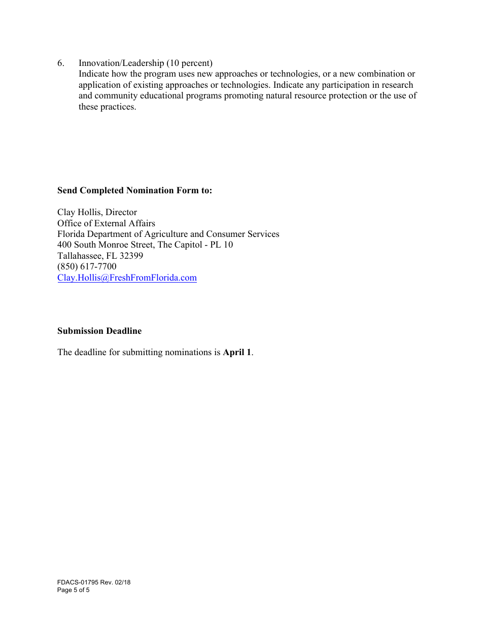 Form FDACS-01795 Nomination for the Commissioners Annual Agricultural-Environmental Leadership Award - Florida, Page 5