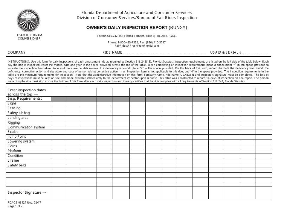 Form FDACS-03427 Owners Daily Inspection Report (Bungy) - Florida, Page 1