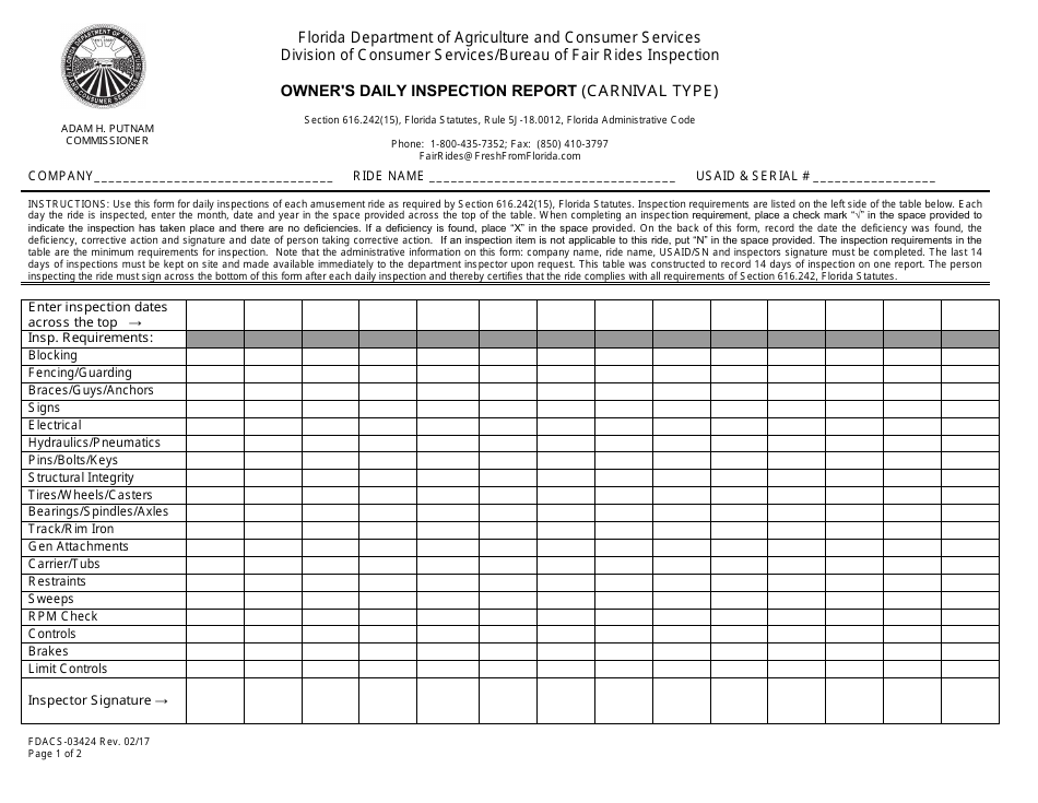Form FDACS-03424 Owners Daily Inspection Report (Carnival Type) - Florida, Page 1