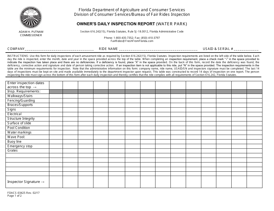 Form FDACS-03425 Owners Daily Inspection Report (Water Park) - Florida, Page 1