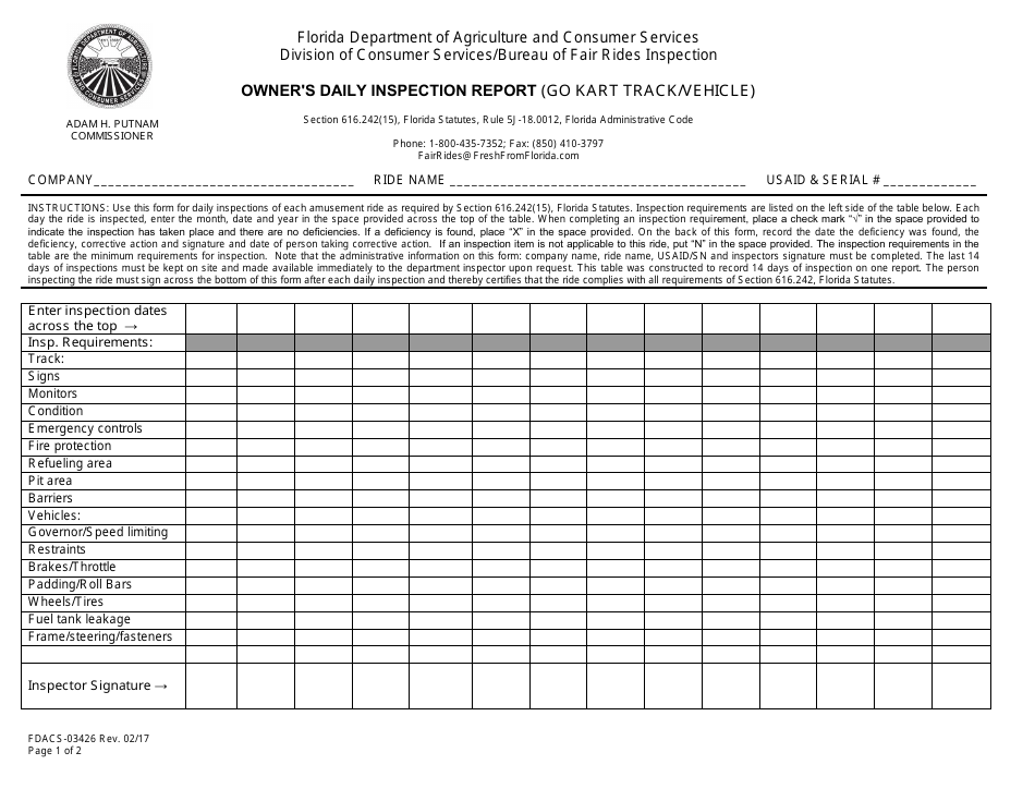 Form FDACS-03426 Owners Daily Inspection Report (Go Kart Track / Vehicle) - Florida, Page 1