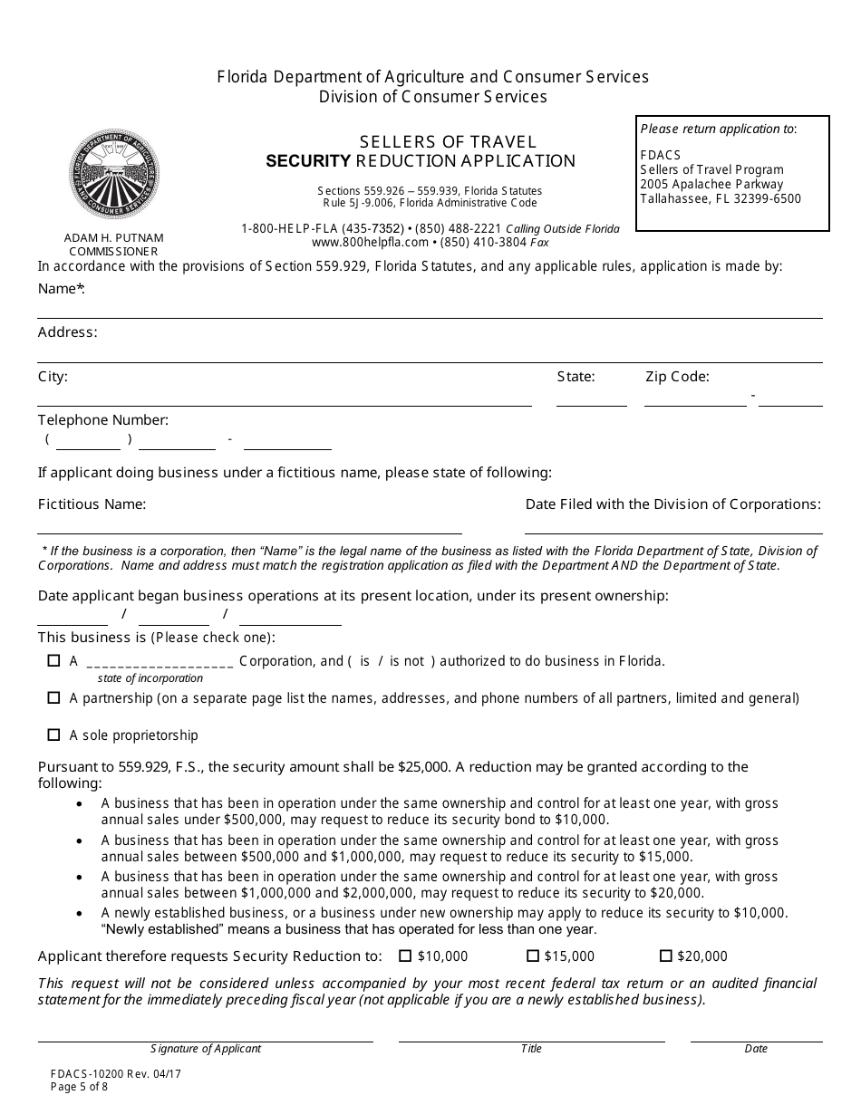 Form FDACS-10200 Sellers of Travel Registration Application - Florida, Page 10