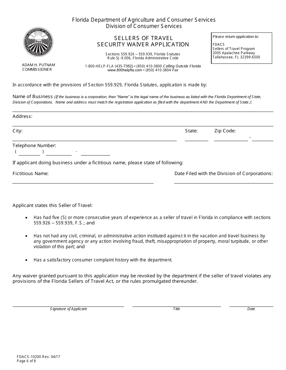 Form FDACS-10200 Sellers of Travel Registration Application - Florida, Page 11