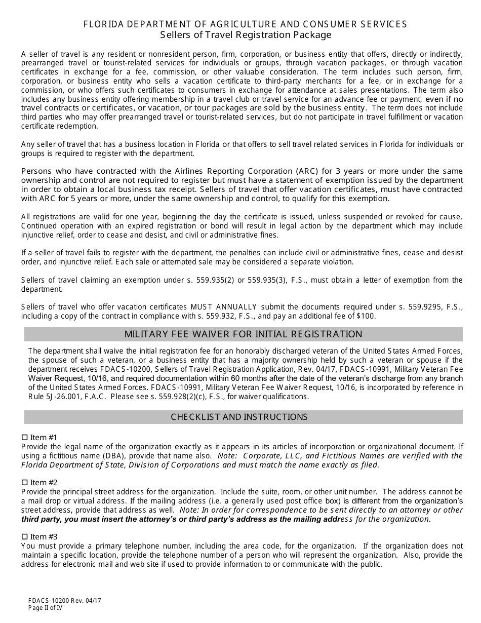Form FDACS-10200 Sellers of Travel Registration Application - Florida, Page 3