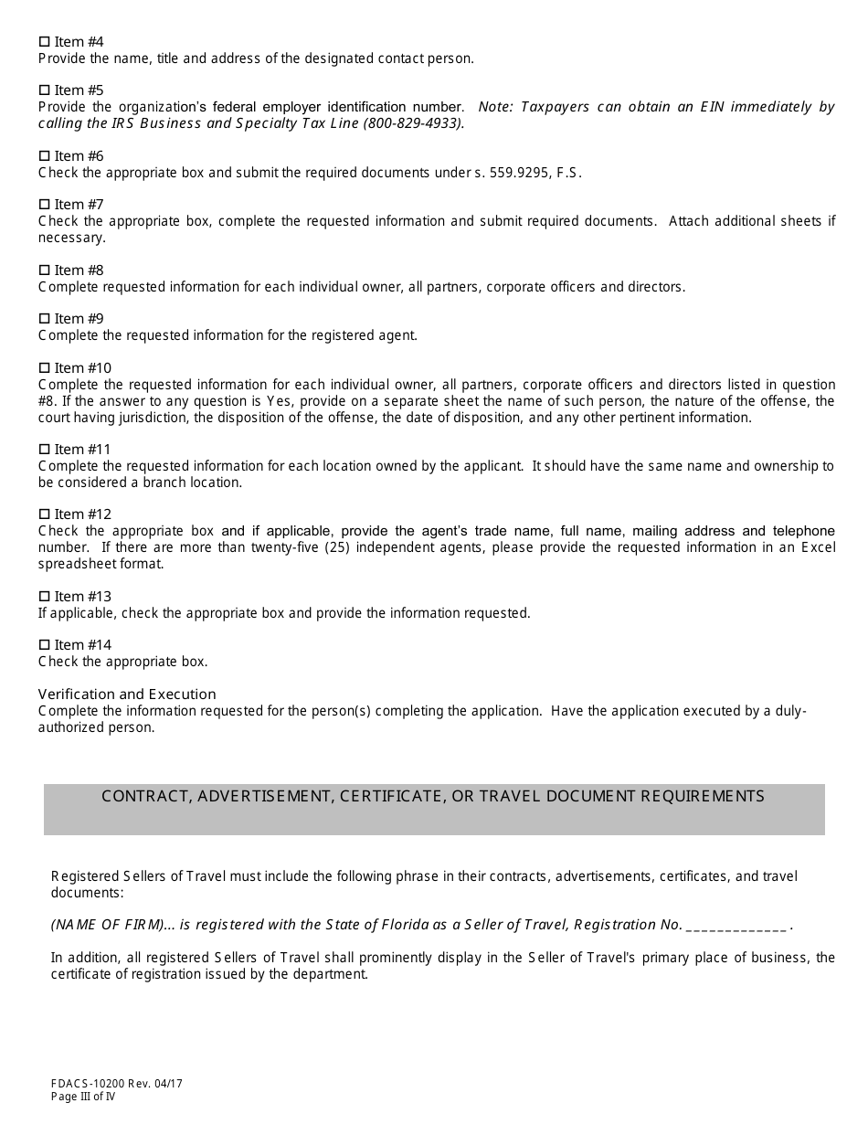 Form FDACS-10200 Sellers of Travel Registration Application - Florida, Page 4