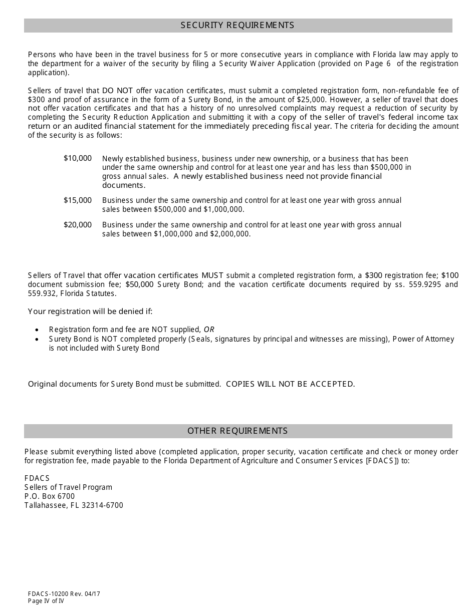 Form FDACS-10200 Sellers of Travel Registration Application - Florida, Page 5