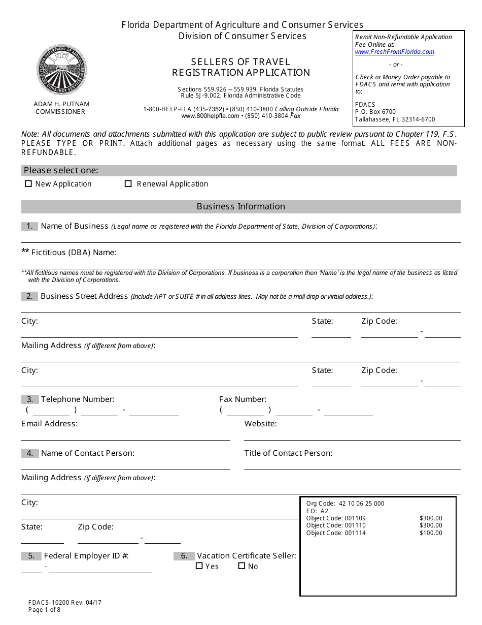 Form FDACS-10200 Sellers of Travel Registration Application - Florida, Page 6