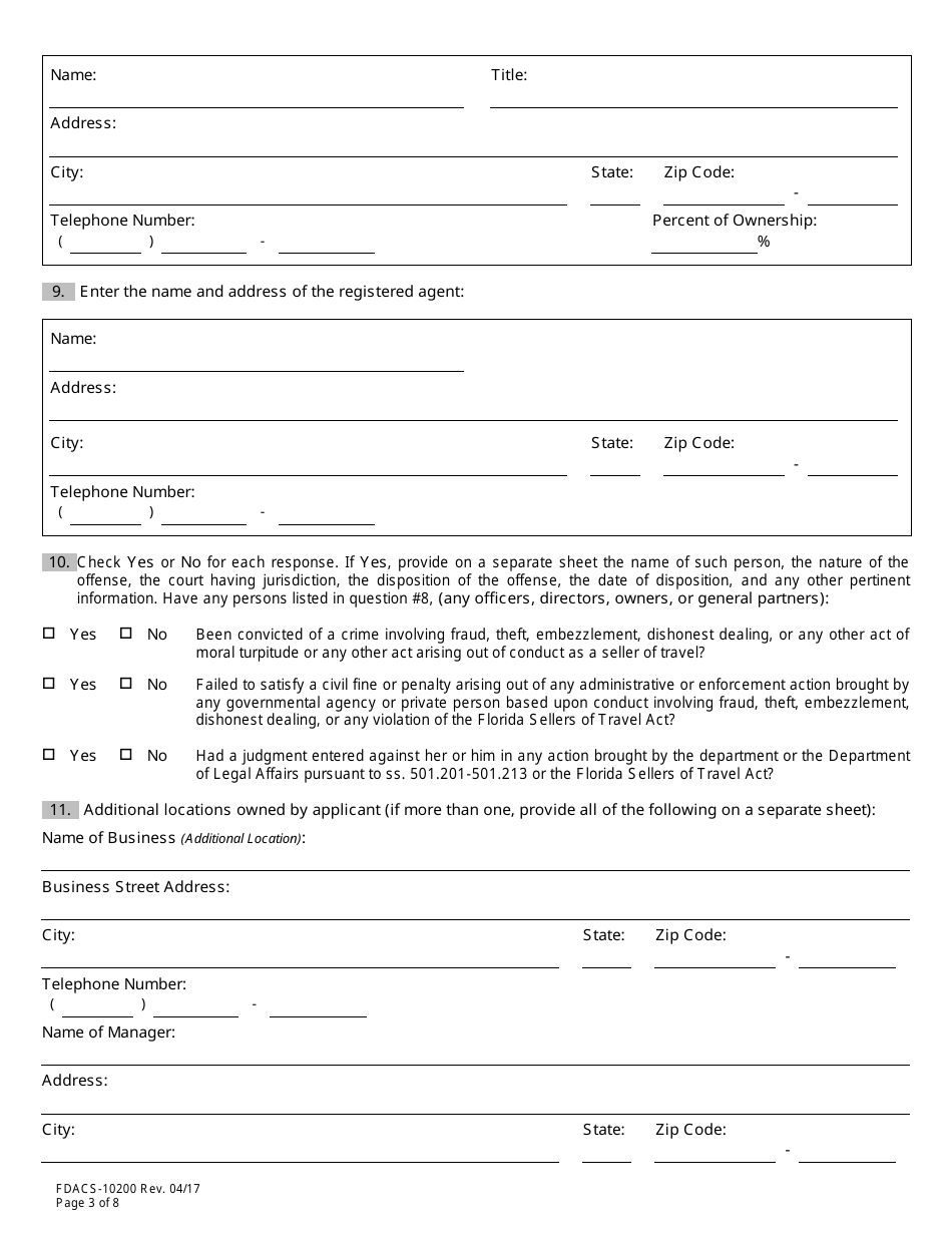 Form FDACS-10200 Sellers of Travel Registration Application - Florida, Page 8