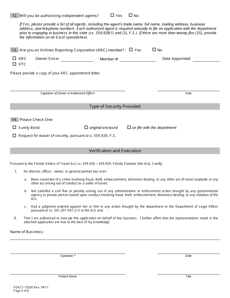 Form FDACS-10200 Sellers of Travel Registration Application - Florida, Page 9